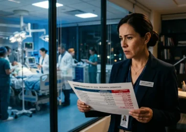 Una administradora hospitalaria en un hospital privado mexicano moderno, de pie en una oficina con paredes de cristal que da vista a una concurrida unidad de cuidados intensivos a través de ventanales de piso a techo