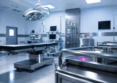 Fotografía editorial cinematográfica de un quirófano hospitalario vacío, recién preparado, capturado en el momento entre cirugías. Sala completamente desocupada, sin personal ni pacientes.